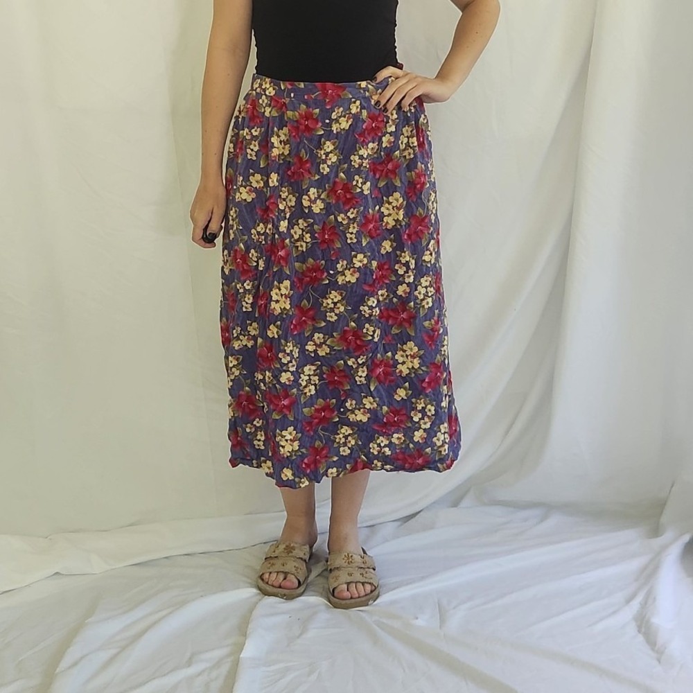 90s/Y2K Purple, Pink, and Yellow Floral Rayon Midi Skirt